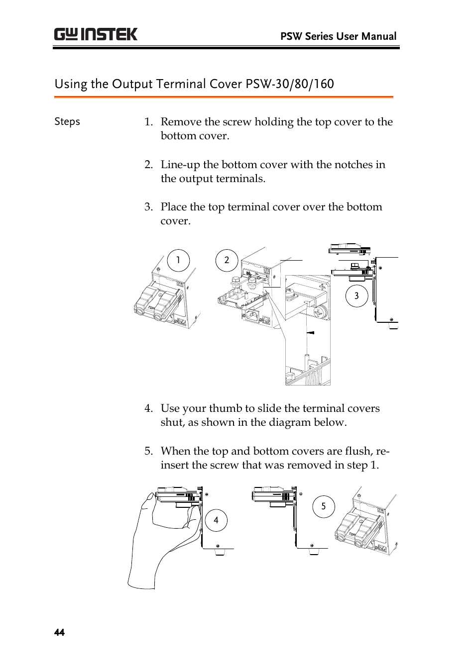 Using the output terminal cover psw-30/80/160 | GW Instek PSW-Series User Manual User Manual | Page 44 / 184