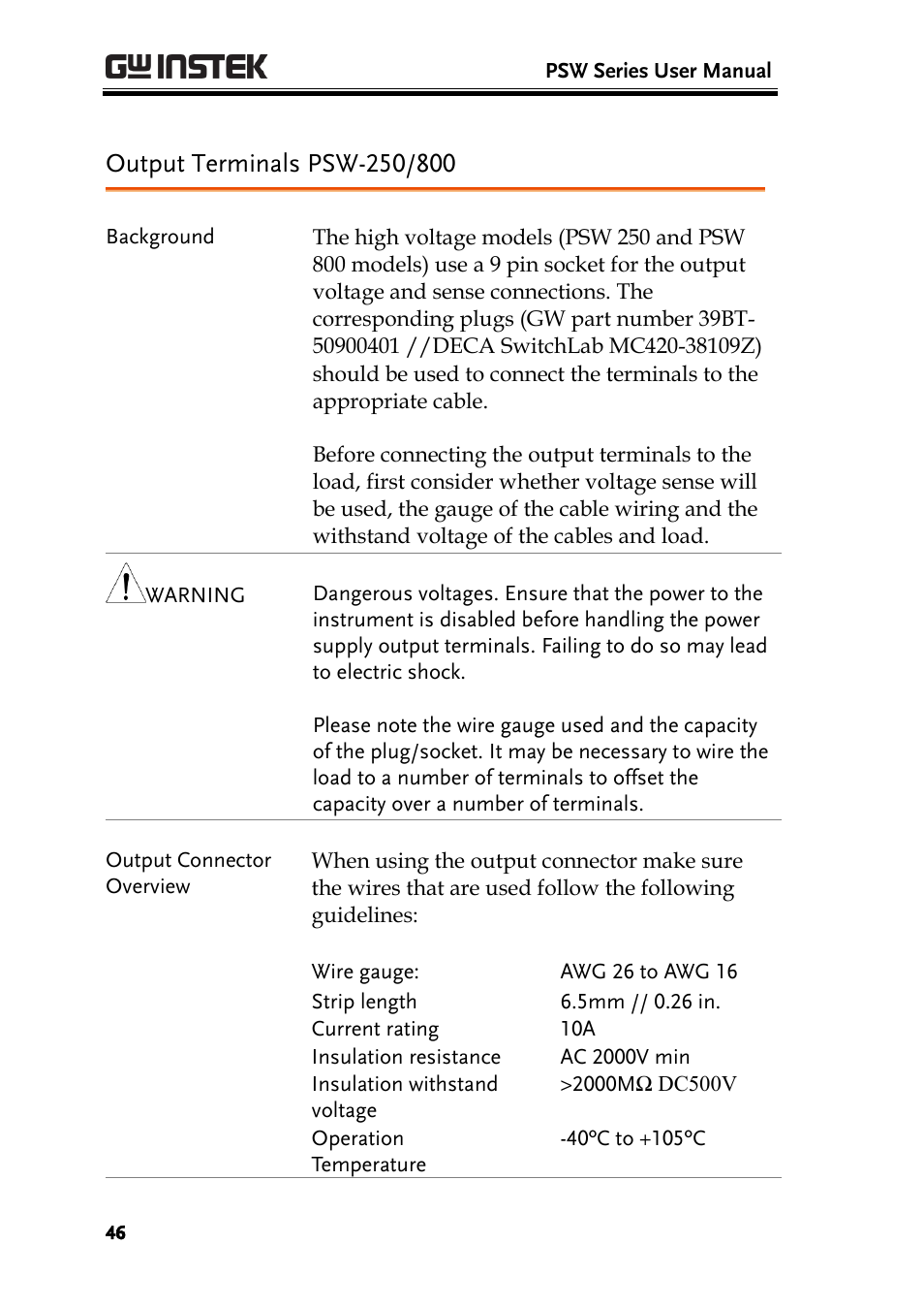 Output terminals psw-250/800 | GW Instek PSW-Series User Manual User Manual | Page 46 / 184