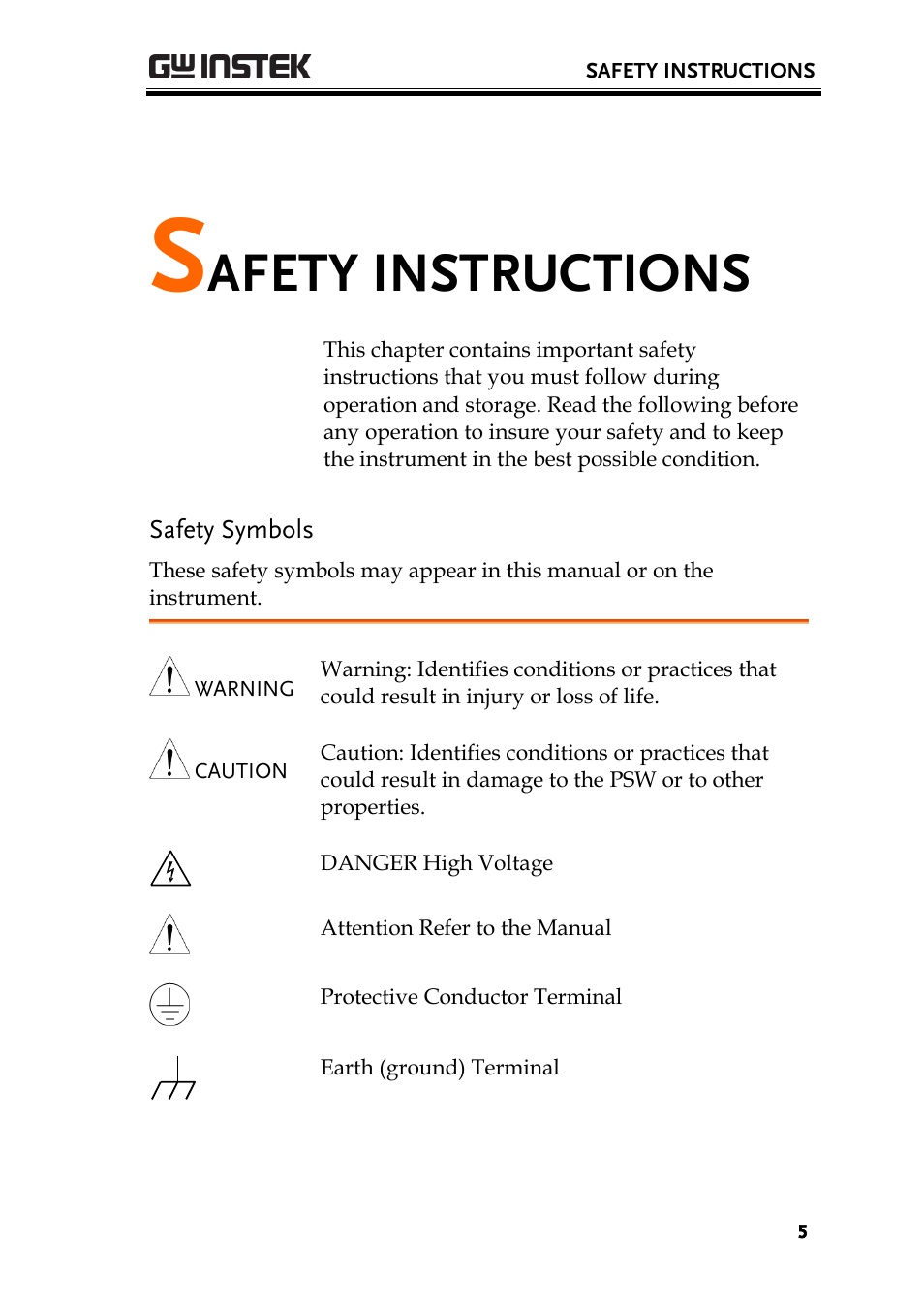 Safety instructions, Safety symbols, Afety instructions | GW Instek PSW-Series User Manual User Manual | Page 5 / 184