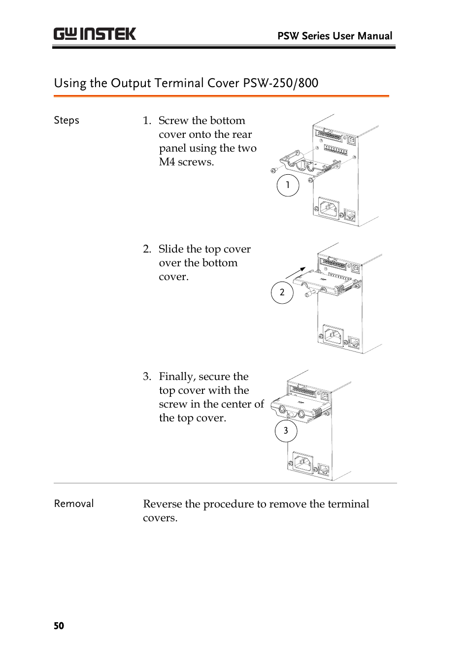 Using the output terminal cover psw-250/800 | GW Instek PSW-Series User Manual User Manual | Page 50 / 184