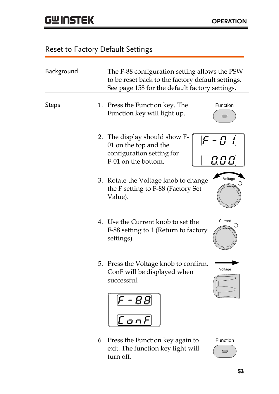 Reset to factory default settings | GW Instek PSW-Series User Manual User Manual | Page 53 / 184