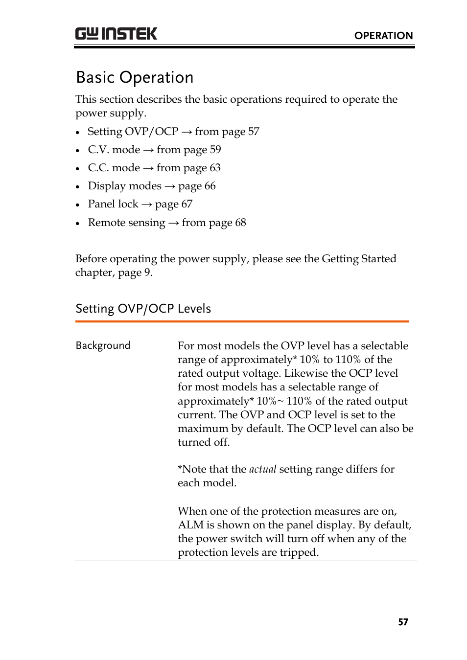 Basic operation, Setting ovp/ocp levels | GW Instek PSW-Series User Manual User Manual | Page 57 / 184