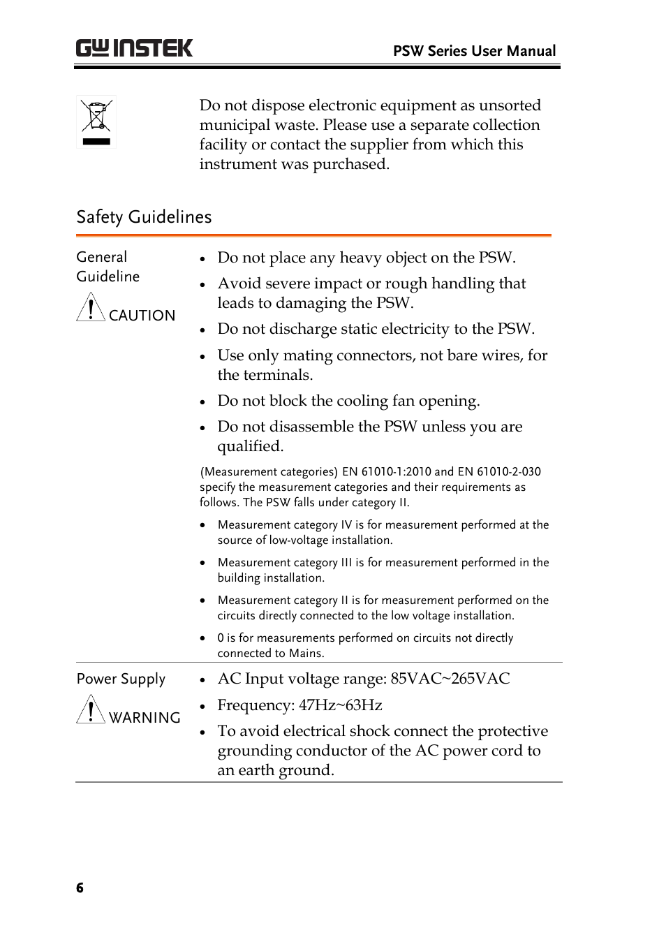 Safety guidelines | GW Instek PSW-Series User Manual User Manual | Page 6 / 184
