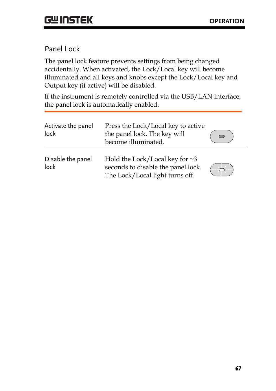 Panel lock | GW Instek PSW-Series User Manual User Manual | Page 67 / 184