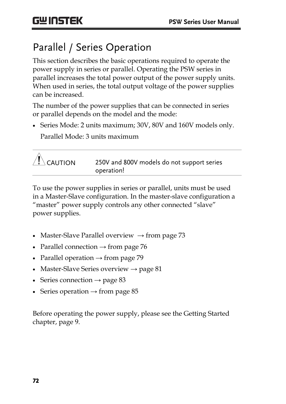 Parallel / series operation | GW Instek PSW-Series User Manual User Manual | Page 72 / 184