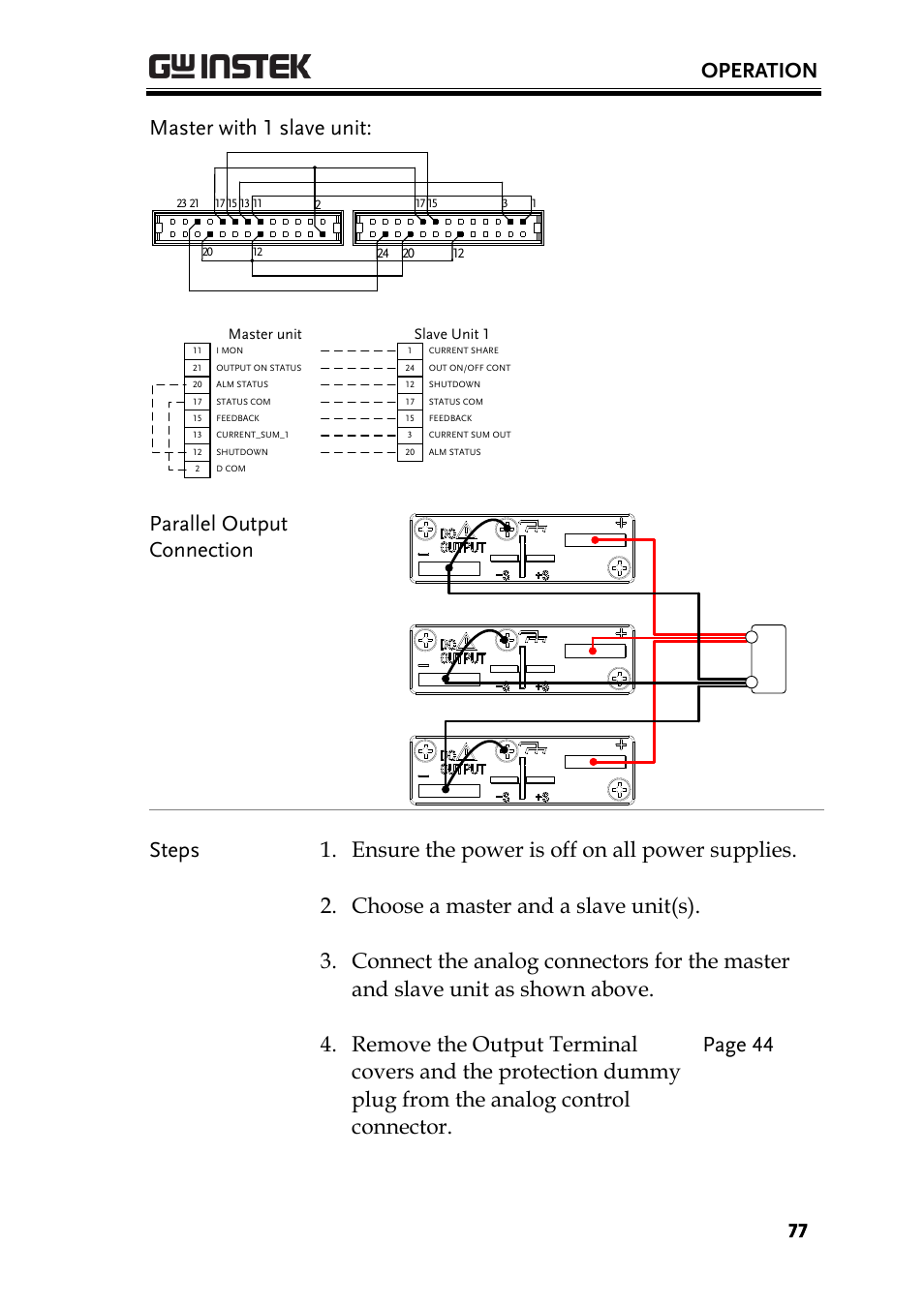 Operation, Master with 1 slave unit, Parallel output connection | GW Instek PSW-Series User Manual User Manual | Page 77 / 184