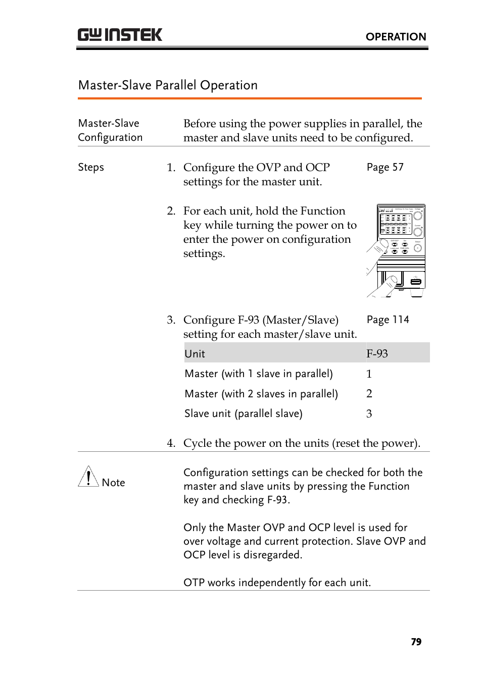 Master-slave parallel operation, Operation | GW Instek PSW-Series User Manual User Manual | Page 79 / 184