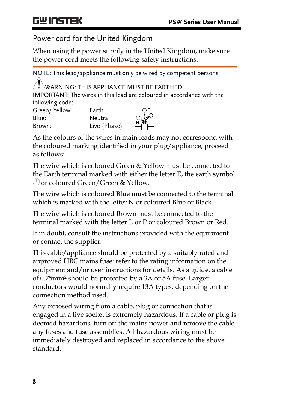 Power cord for the united kingdom | GW Instek PSW-Series User Manual User Manual | Page 8 / 184