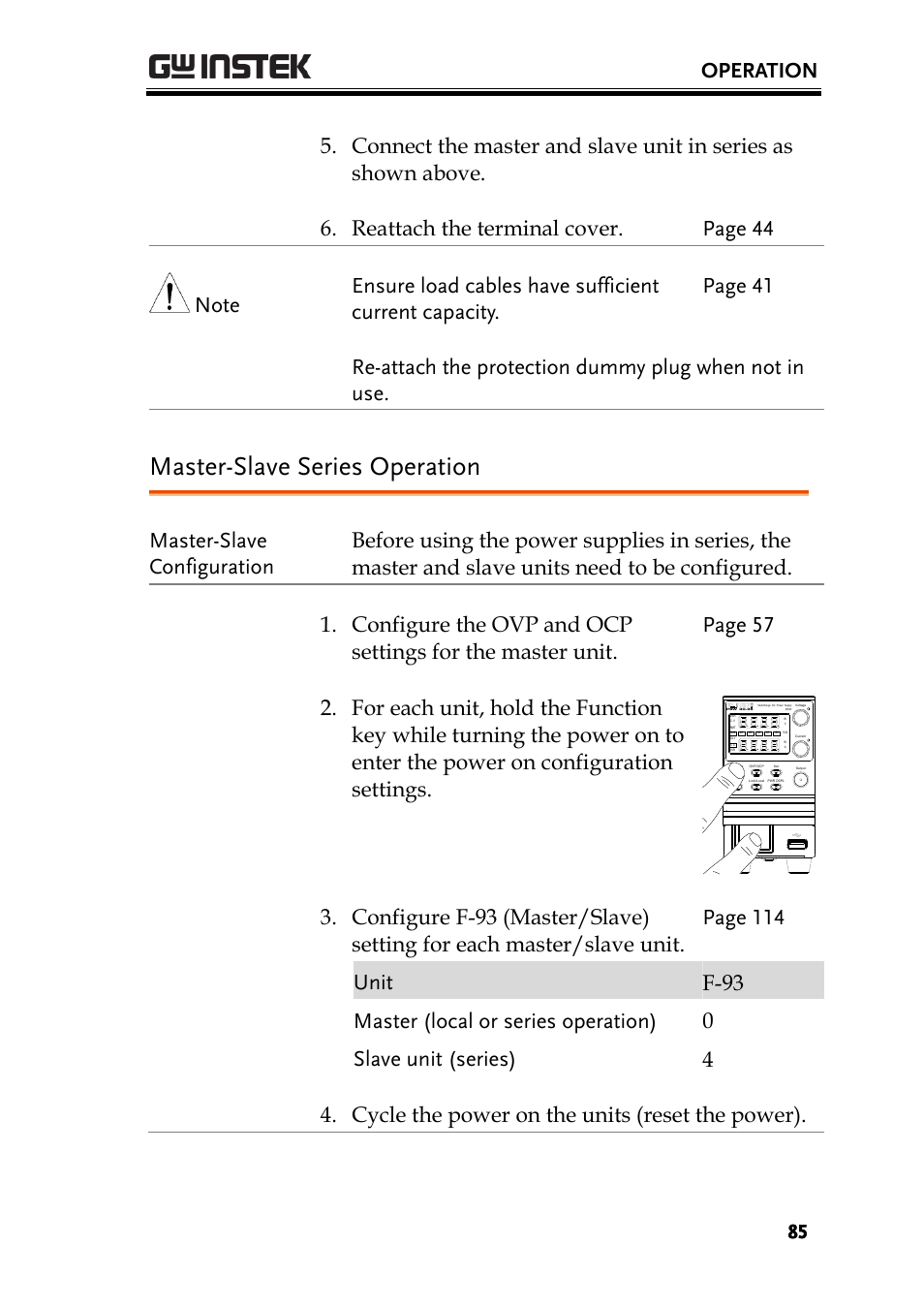 Master-slave series operation, Ge 85, Operation | GW Instek PSW-Series User Manual User Manual | Page 85 / 184