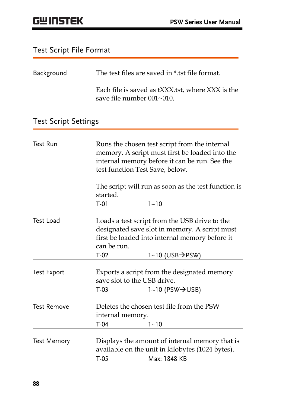 Test script file format, Test script settings | GW Instek PSW-Series User Manual User Manual | Page 88 / 184