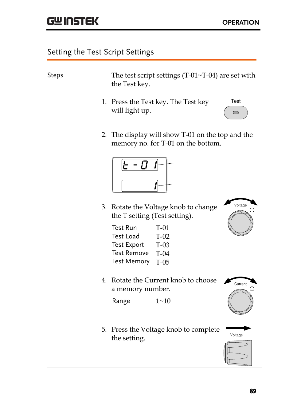 Setting the test script settings, E 89 | GW Instek PSW-Series User Manual User Manual | Page 89 / 184