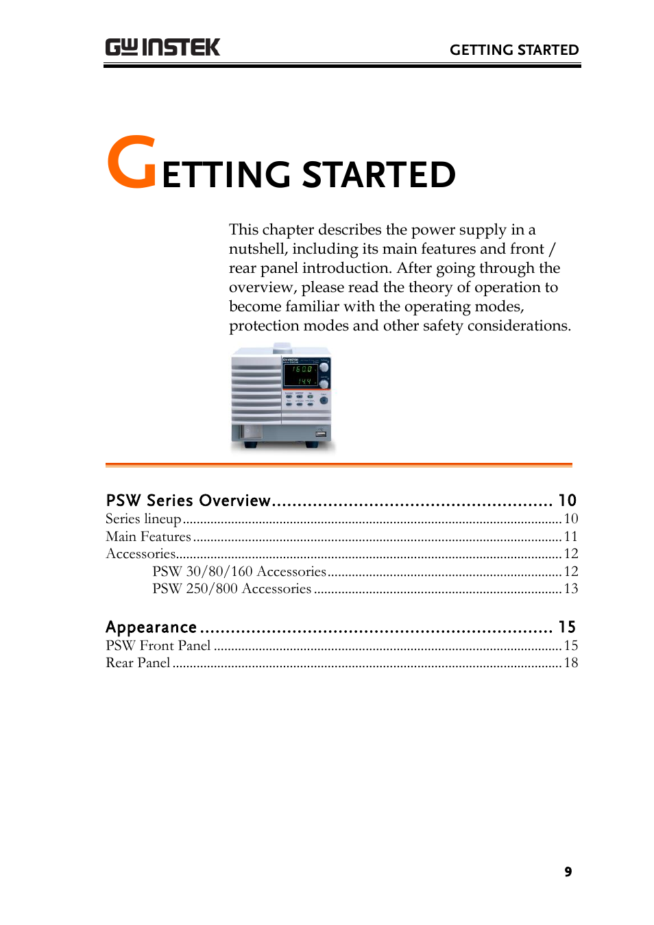 Getting started, Etting started | GW Instek PSW-Series User Manual User Manual | Page 9 / 184
