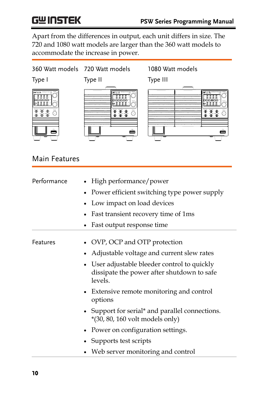 Main features, Psw series programming manual, 360 watt models type i | 720 watt models type ii, 1080 watt models type iii, Performance, High performance/power, Power efficient switching type power supply, Low impact on load devices, Fast transient recovery time of 1ms | GW Instek PSW-Series Programming & Command manual User Manual | Page 10 / 118