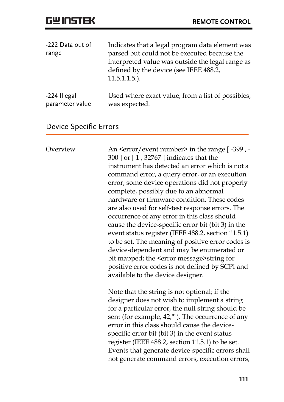 Device specific errors | GW Instek PSW-Series Programming & Command manual User Manual | Page 111 / 118