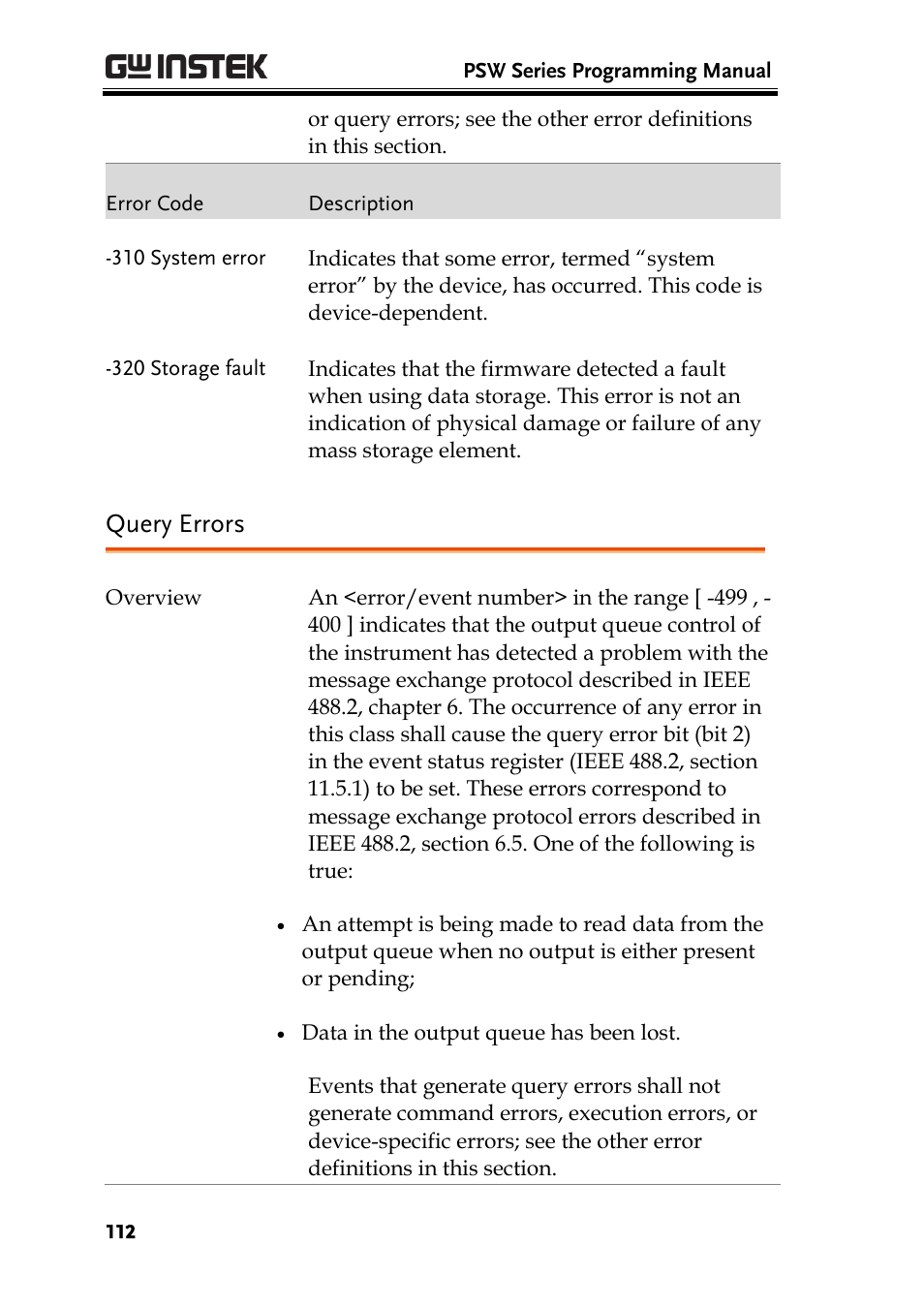 Query errors | GW Instek PSW-Series Programming & Command manual User Manual | Page 112 / 118