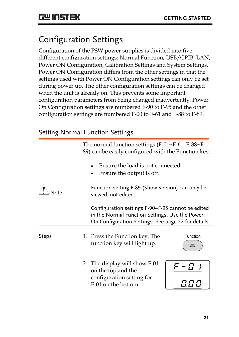 Configuration settings, Setting normal function settings | GW Instek PSW-Series Programming & Command manual User Manual | Page 21 / 118