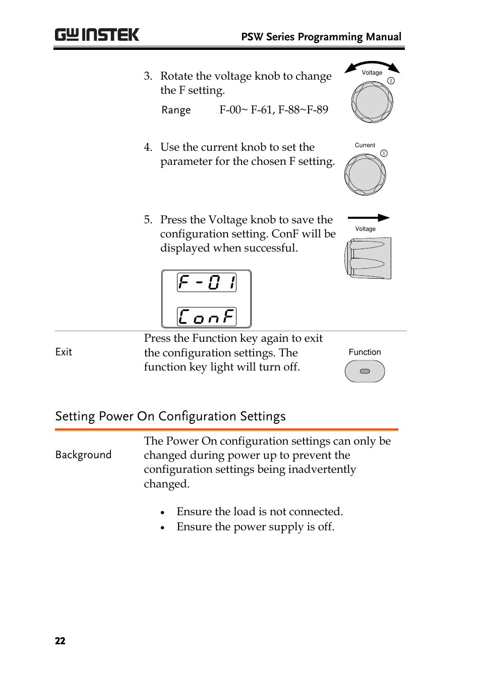 Setting power on configuration settings | GW Instek PSW-Series Programming & Command manual User Manual | Page 22 / 118
