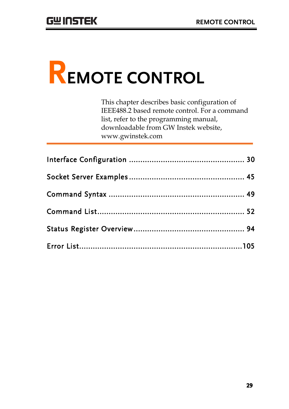 Remote control, Emote control | GW Instek PSW-Series Programming & Command manual User Manual | Page 29 / 118