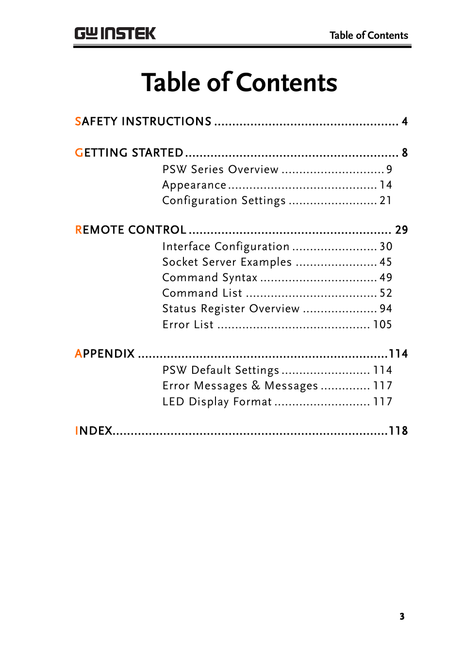 GW Instek PSW-Series Programming & Command manual User Manual | Page 3 / 118