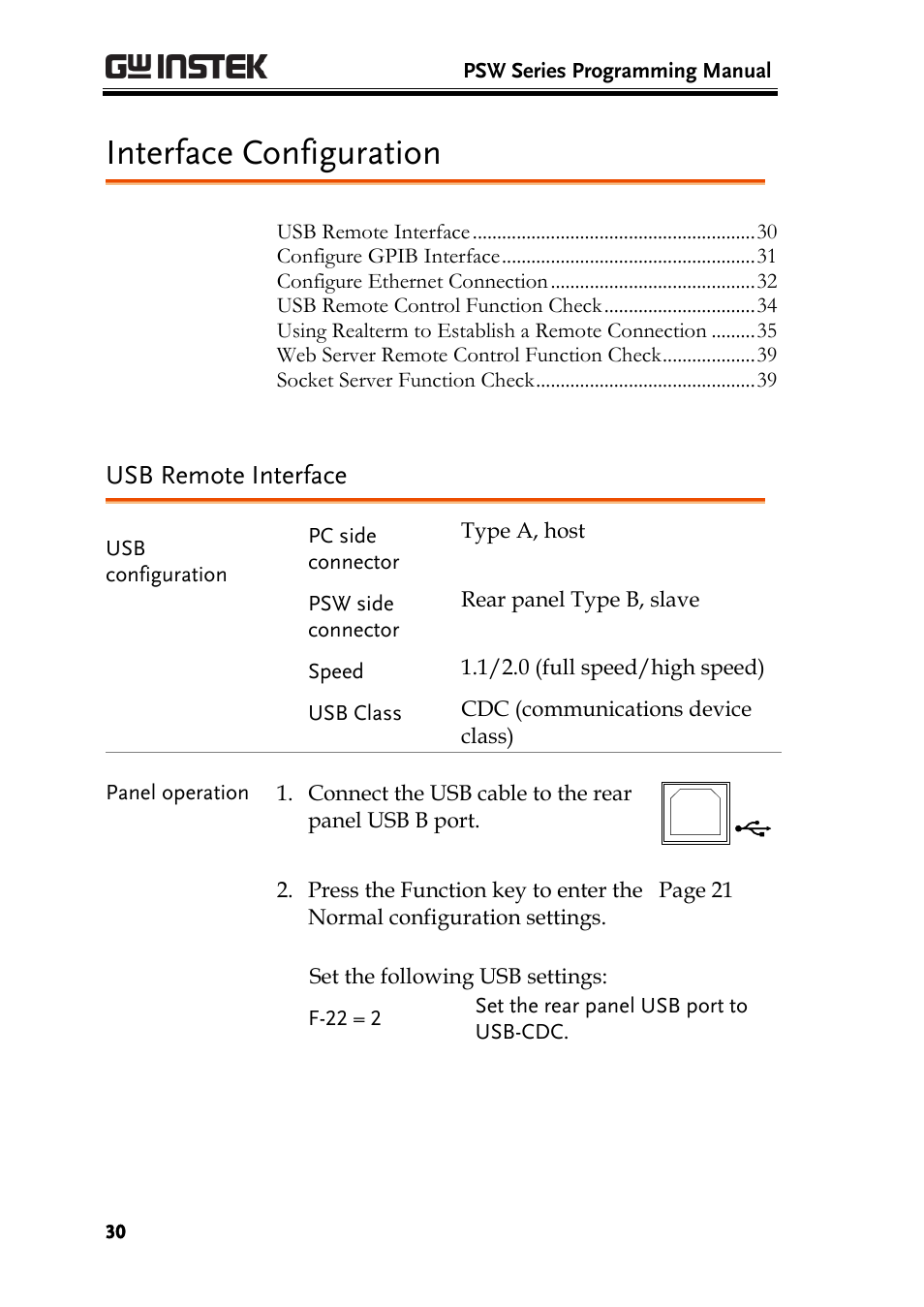 Interface configuration, Usb remote interface | GW Instek PSW-Series Programming & Command manual User Manual | Page 30 / 118