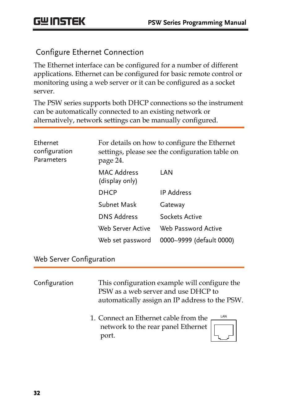 Configure ethernet connection, Web server configuration | GW Instek PSW-Series Programming & Command manual User Manual | Page 32 / 118