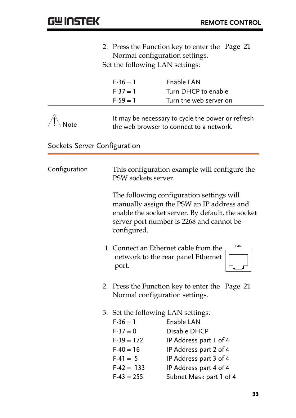 Sockets server configuration | GW Instek PSW-Series Programming & Command manual User Manual | Page 33 / 118