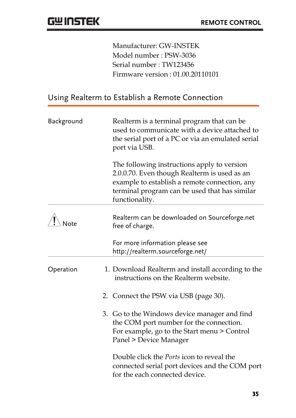 Using realterm to establish a remote connection | GW Instek PSW-Series Programming & Command manual User Manual | Page 35 / 118