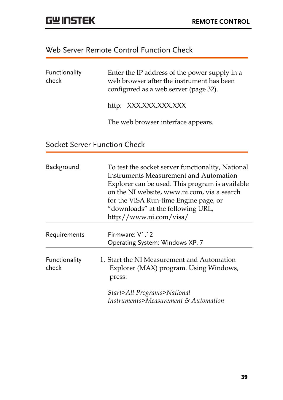 Web server remote control function check, Socket server function check | GW Instek PSW-Series Programming & Command manual User Manual | Page 39 / 118