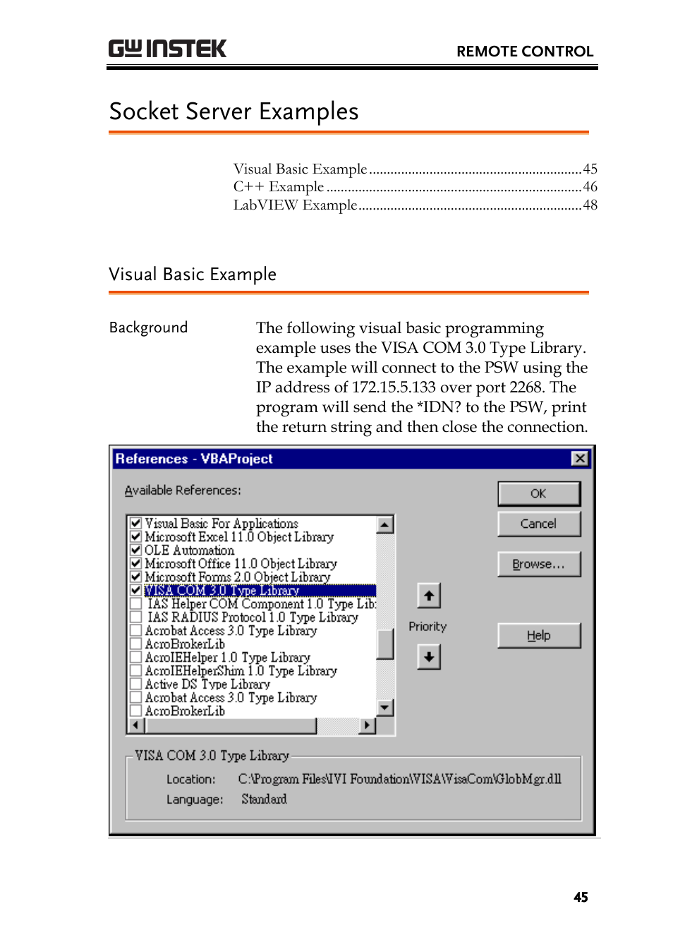 Socket server examples, Visual basic example | GW Instek PSW-Series Programming & Command manual User Manual | Page 45 / 118