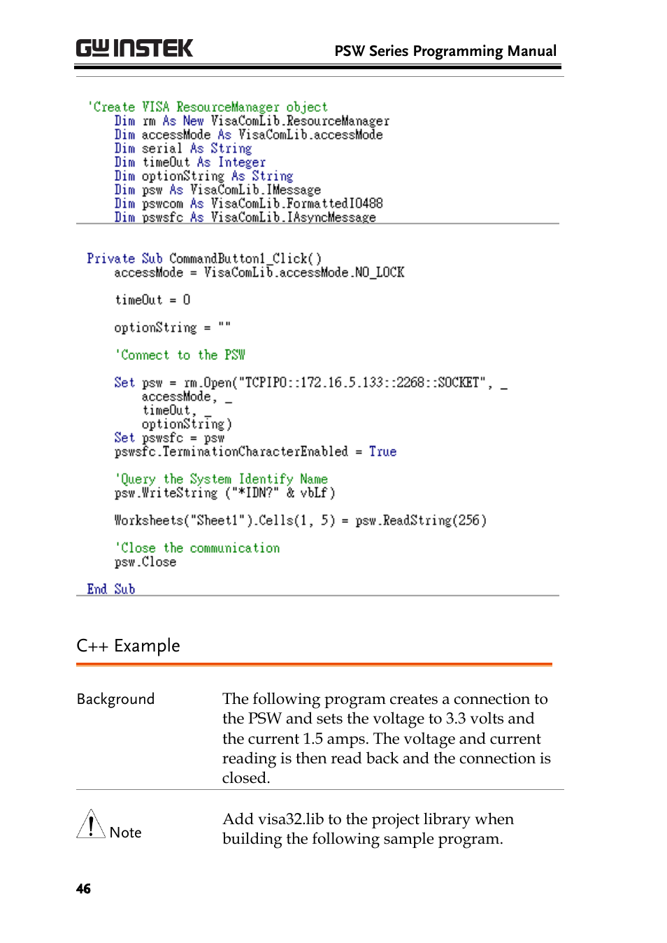 C++ example | GW Instek PSW-Series Programming & Command manual User Manual | Page 46 / 118