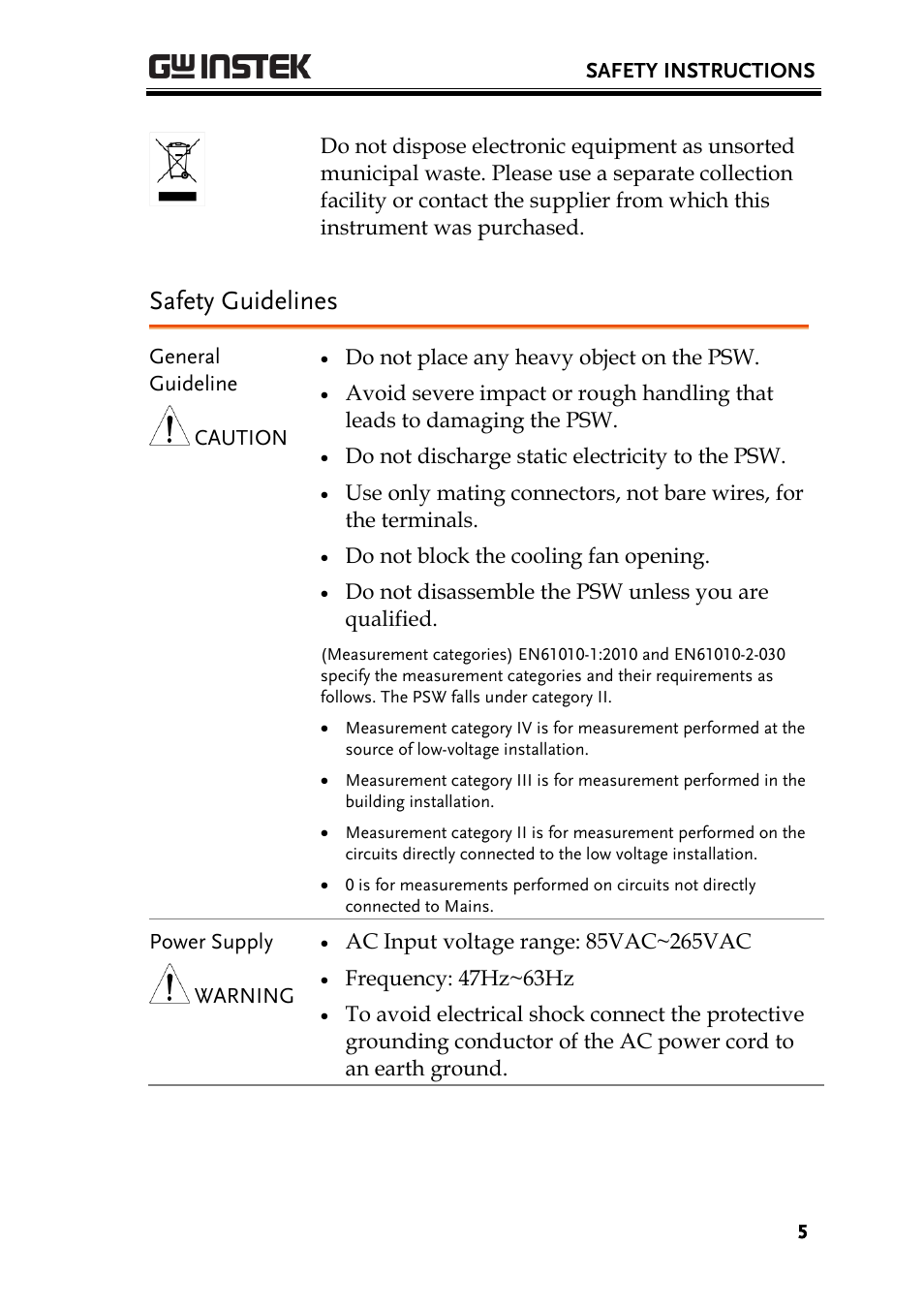Safety guidelines | GW Instek PSW-Series Programming & Command manual User Manual | Page 5 / 118