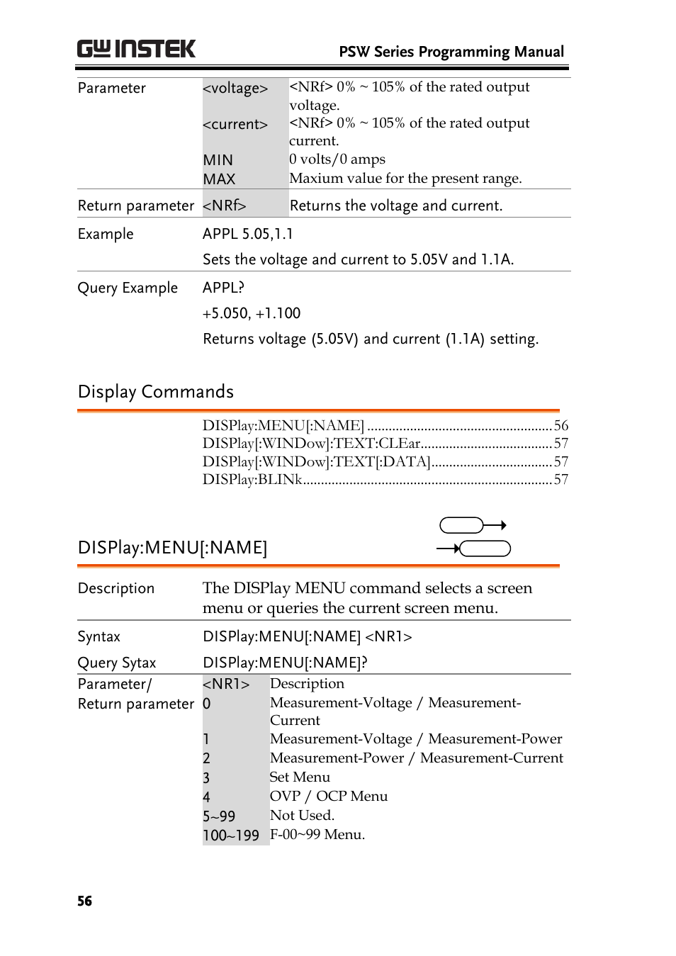 Display commands, Display:menu[:name | GW Instek PSW-Series Programming & Command manual User Manual | Page 56 / 118