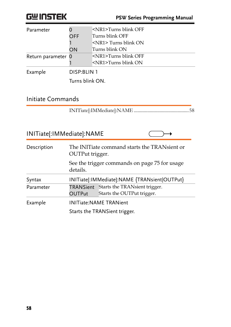 Initiate commands, Initiate[:immediate]:name | GW Instek PSW-Series Programming & Command manual User Manual | Page 58 / 118