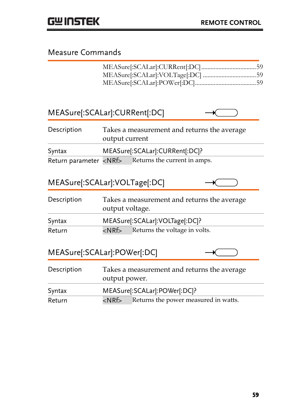 Measure commands, Measure[:scalar]:current[:dc, Measure[:scalar]:voltage[:dc | Measure[:scalar]:power[:dc | GW Instek PSW-Series Programming & Command manual User Manual | Page 59 / 118