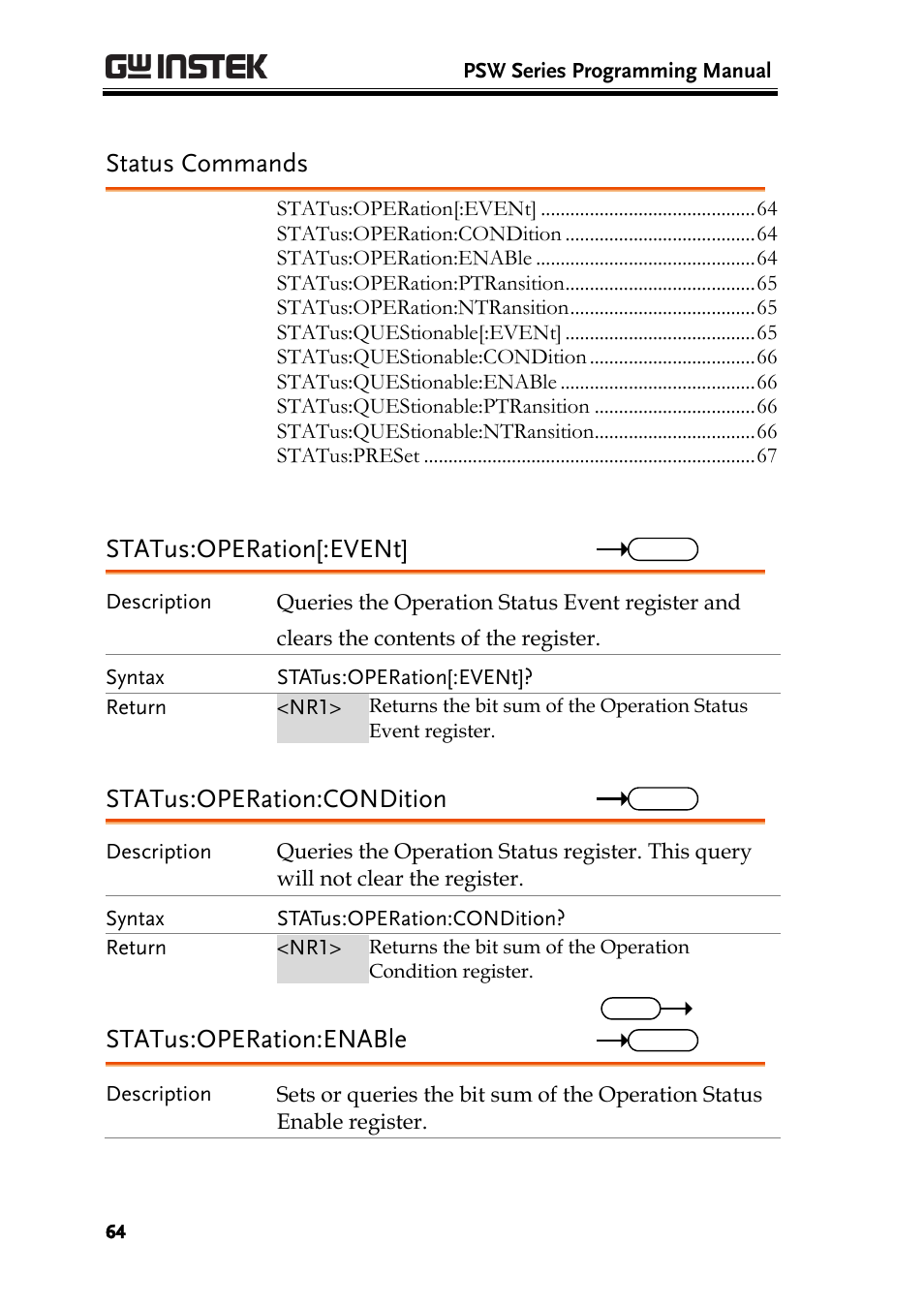 Status commands, Status:operation[:event, Status:operation:condition | Status:operation:enable | GW Instek PSW-Series Programming & Command manual User Manual | Page 64 / 118