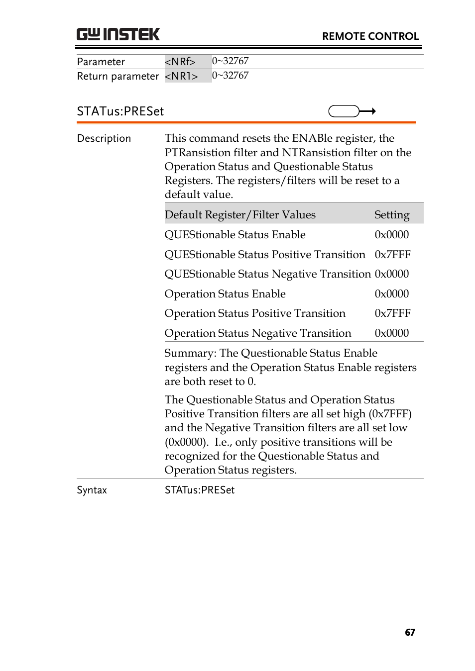 Status:preset | GW Instek PSW-Series Programming & Command manual User Manual | Page 67 / 118