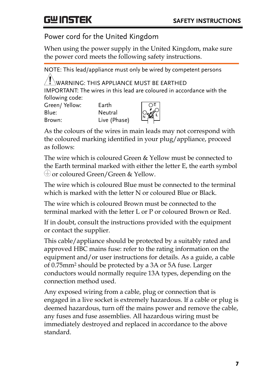 Power cord for the united kingdom | GW Instek PSW-Series Programming & Command manual User Manual | Page 7 / 118