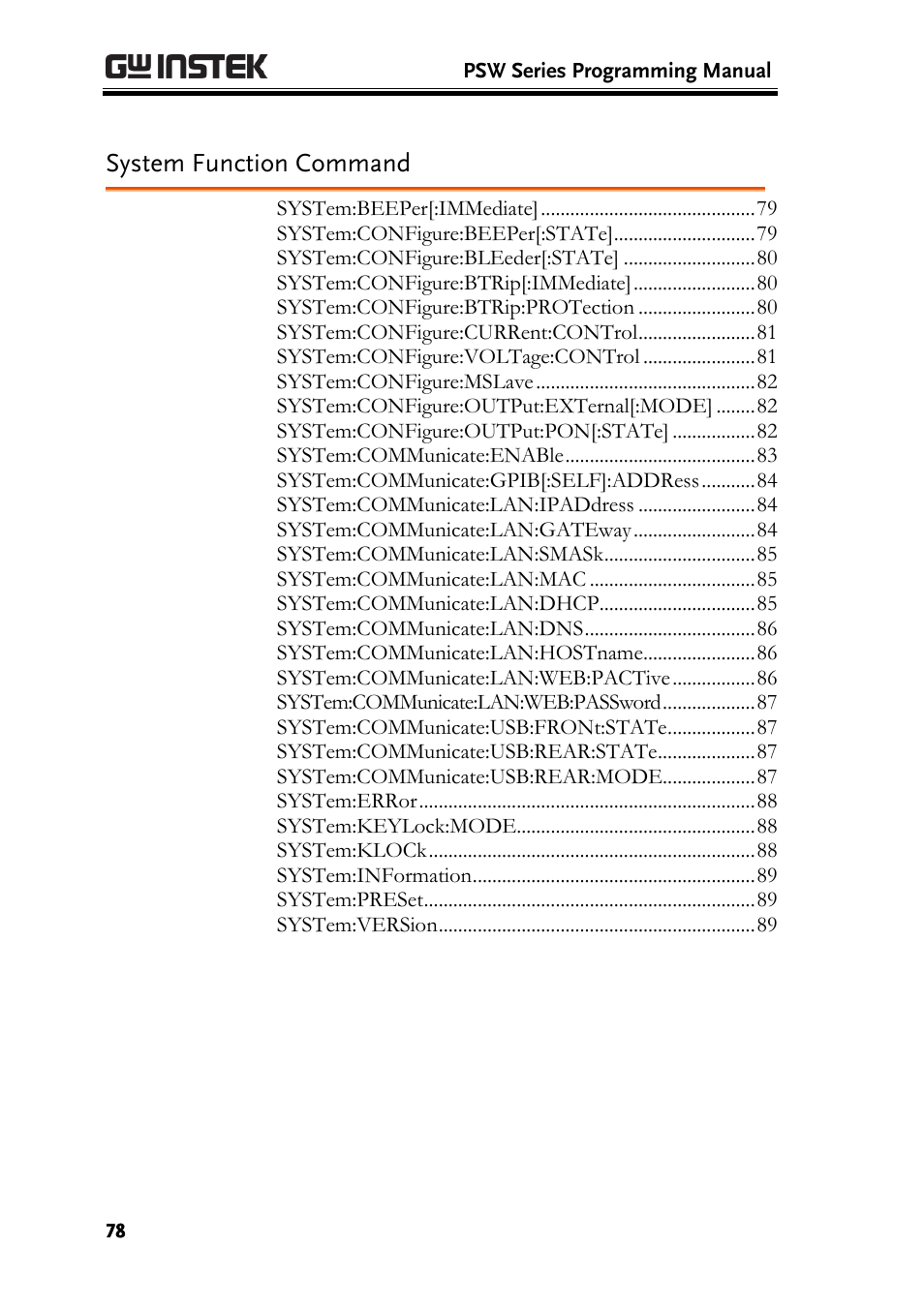 System function command | GW Instek PSW-Series Programming & Command manual User Manual | Page 78 / 118