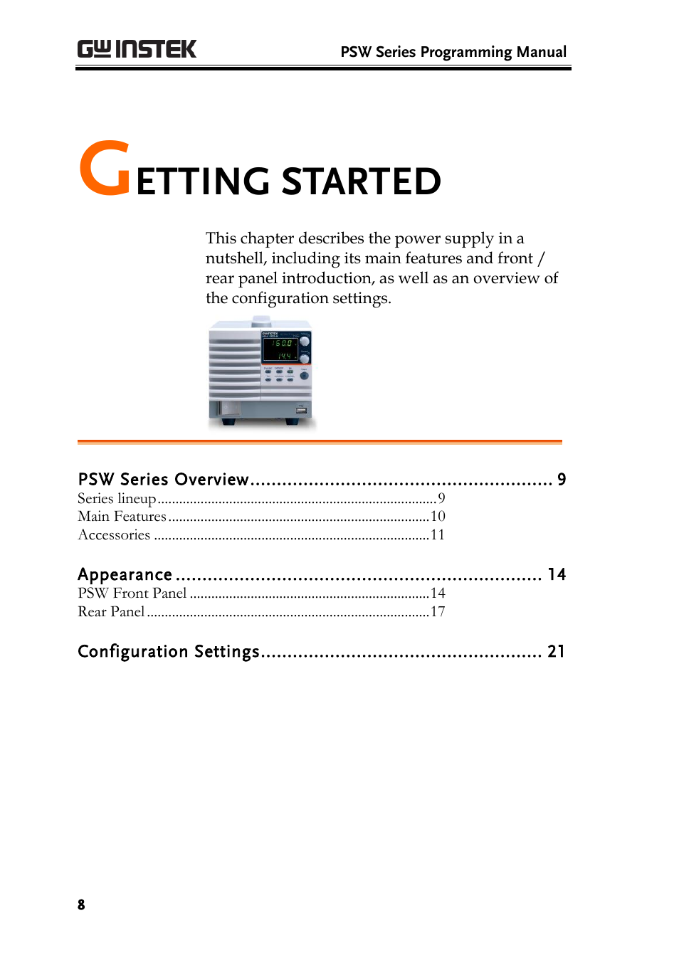 Getting started, Etting started | GW Instek PSW-Series Programming & Command manual User Manual | Page 8 / 118