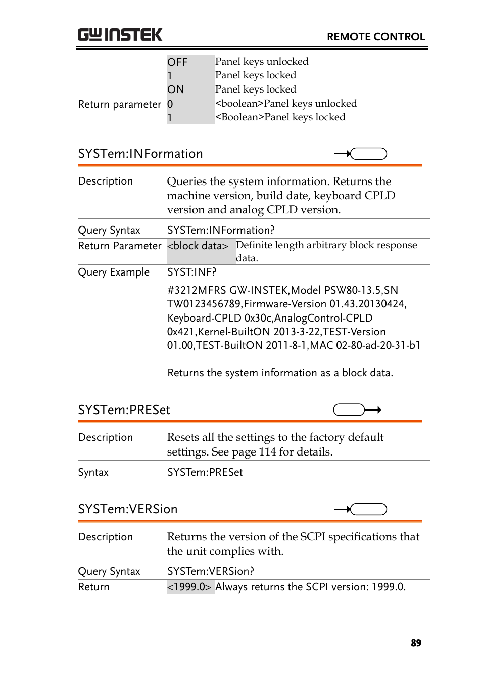 System:information, System:preset, System:version | GW Instek PSW-Series Programming & Command manual User Manual | Page 89 / 118