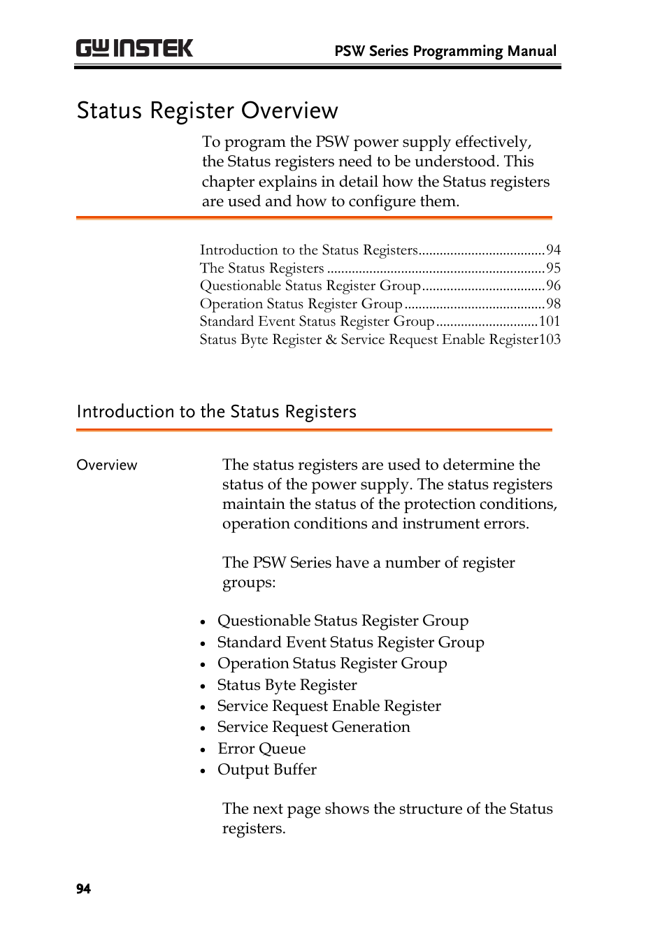 Status register overview, Introduction to the status registers | GW Instek PSW-Series Programming & Command manual User Manual | Page 94 / 118