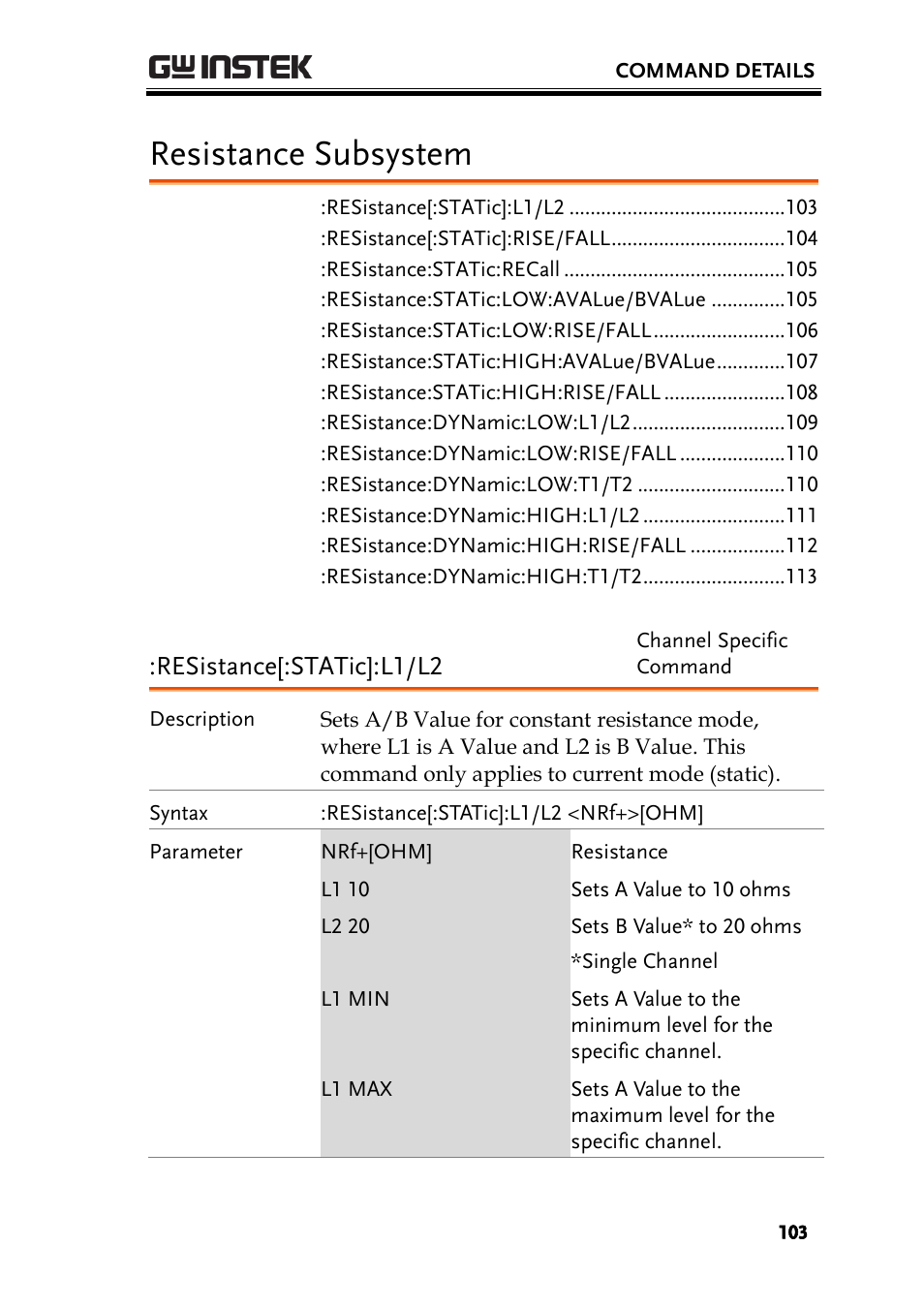 Resistance subsystem, Resistance[:static]:l1/l2 | GW Instek PEL-2000 Series Programming User Manual User Manual | Page 103 / 170