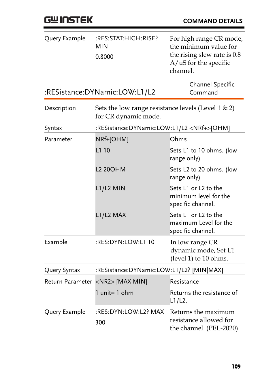 Resistance:dynamic:low:l1/l2 | GW Instek PEL-2000 Series Programming User Manual User Manual | Page 109 / 170
