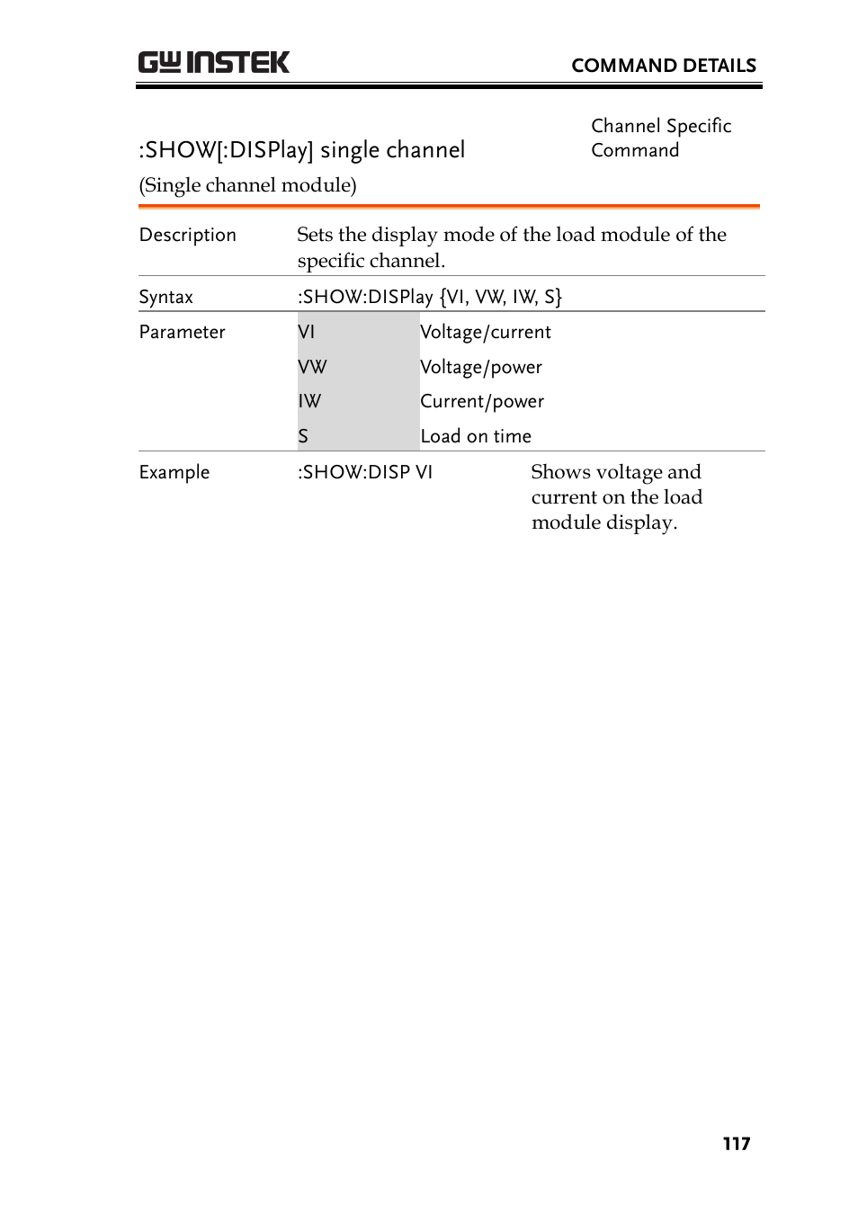 Show[:display] single channel | GW Instek PEL-2000 Series Programming User Manual User Manual | Page 117 / 170