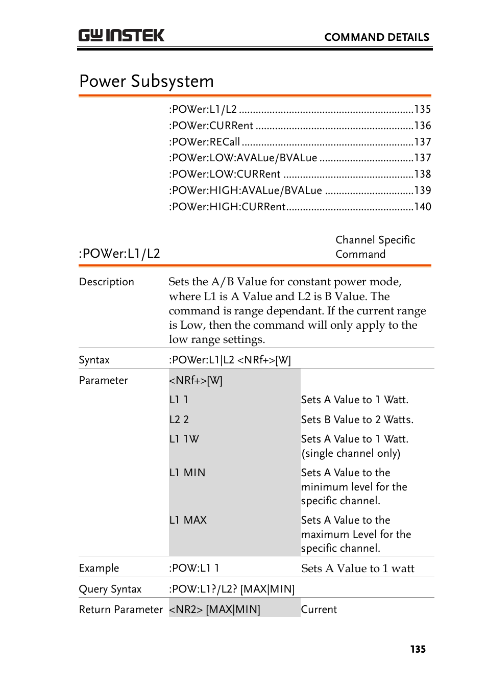 Power subsystem, Power:l1/l2 | GW Instek PEL-2000 Series Programming User Manual User Manual | Page 135 / 170