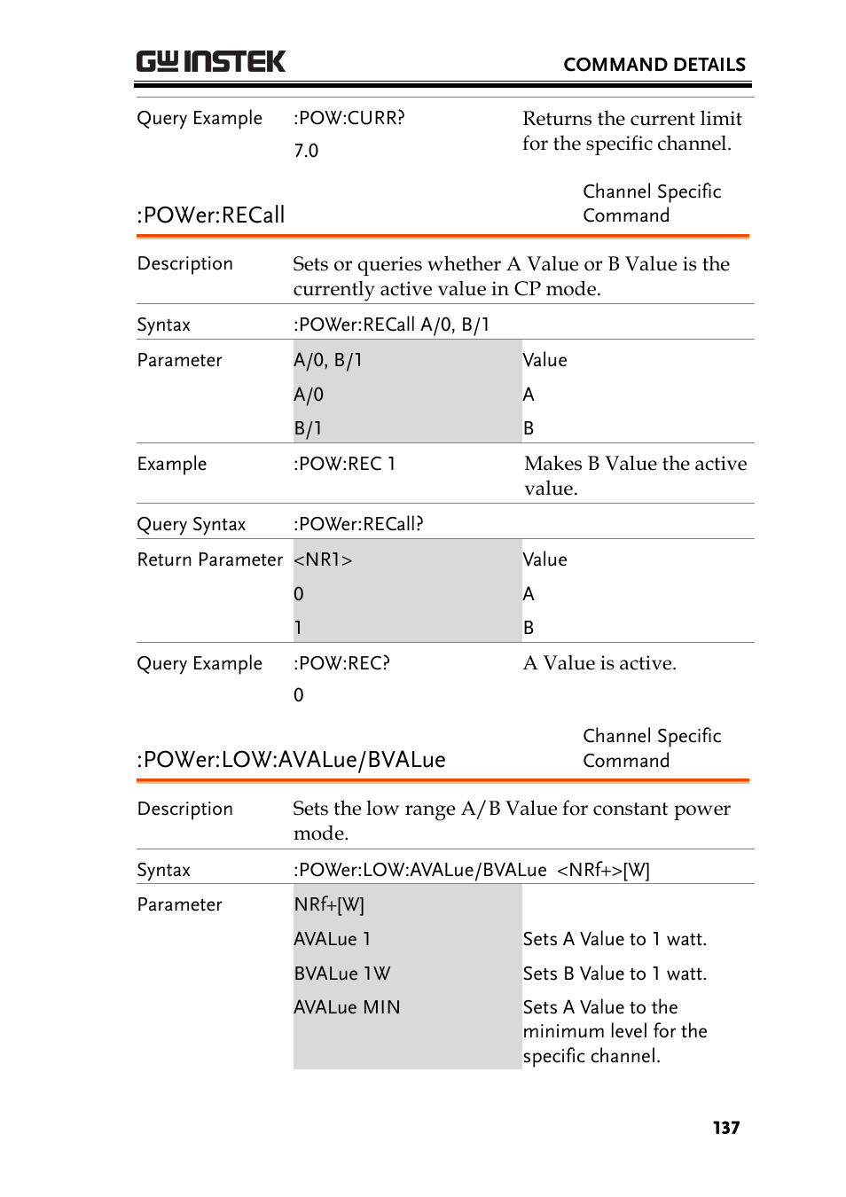 Power:recall, Power:low:avalue/bvalue | GW Instek PEL-2000 Series Programming User Manual User Manual | Page 137 / 170