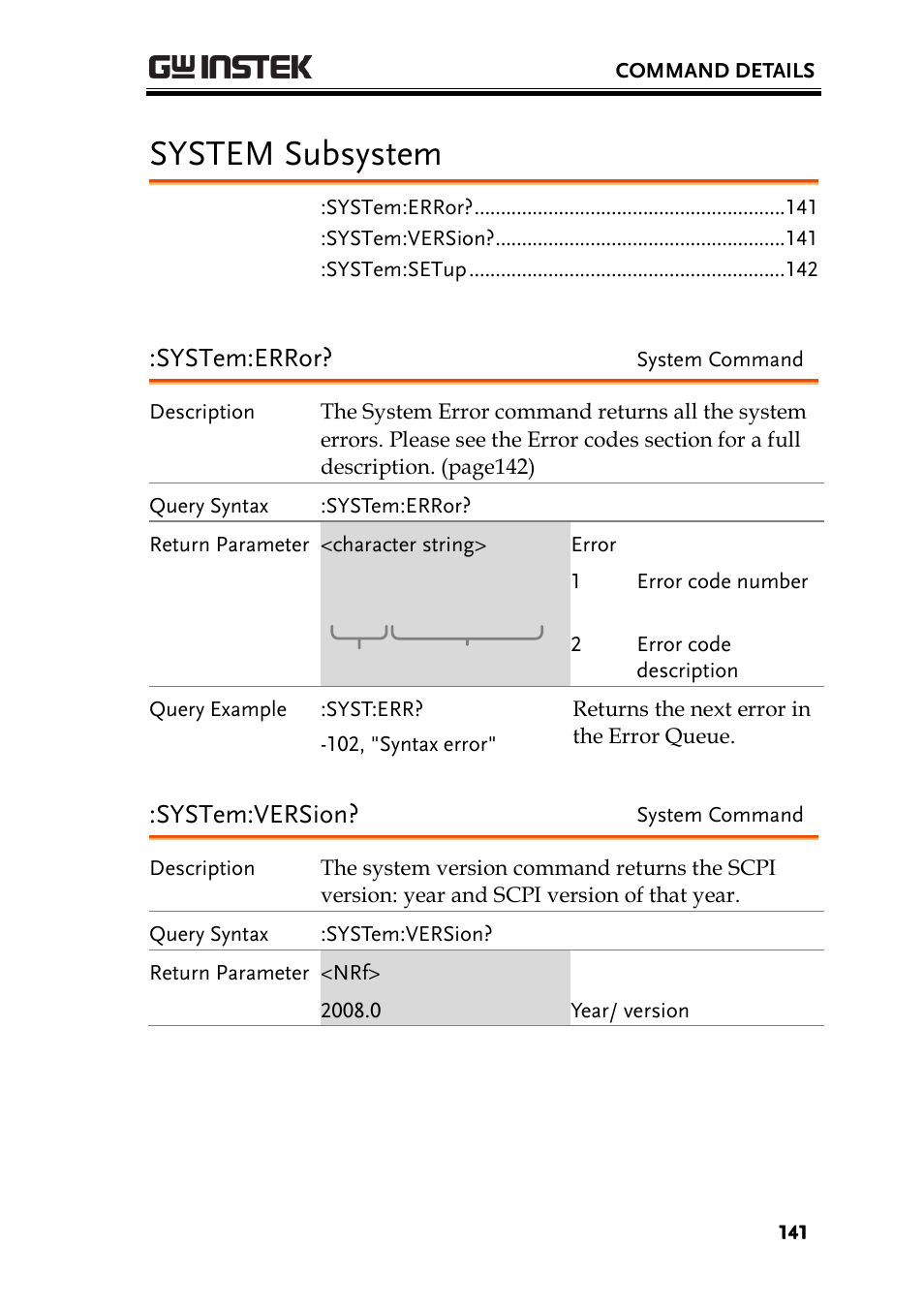 System subsystem, System:error, System:version | GW Instek PEL-2000 Series Programming User Manual User Manual | Page 141 / 170