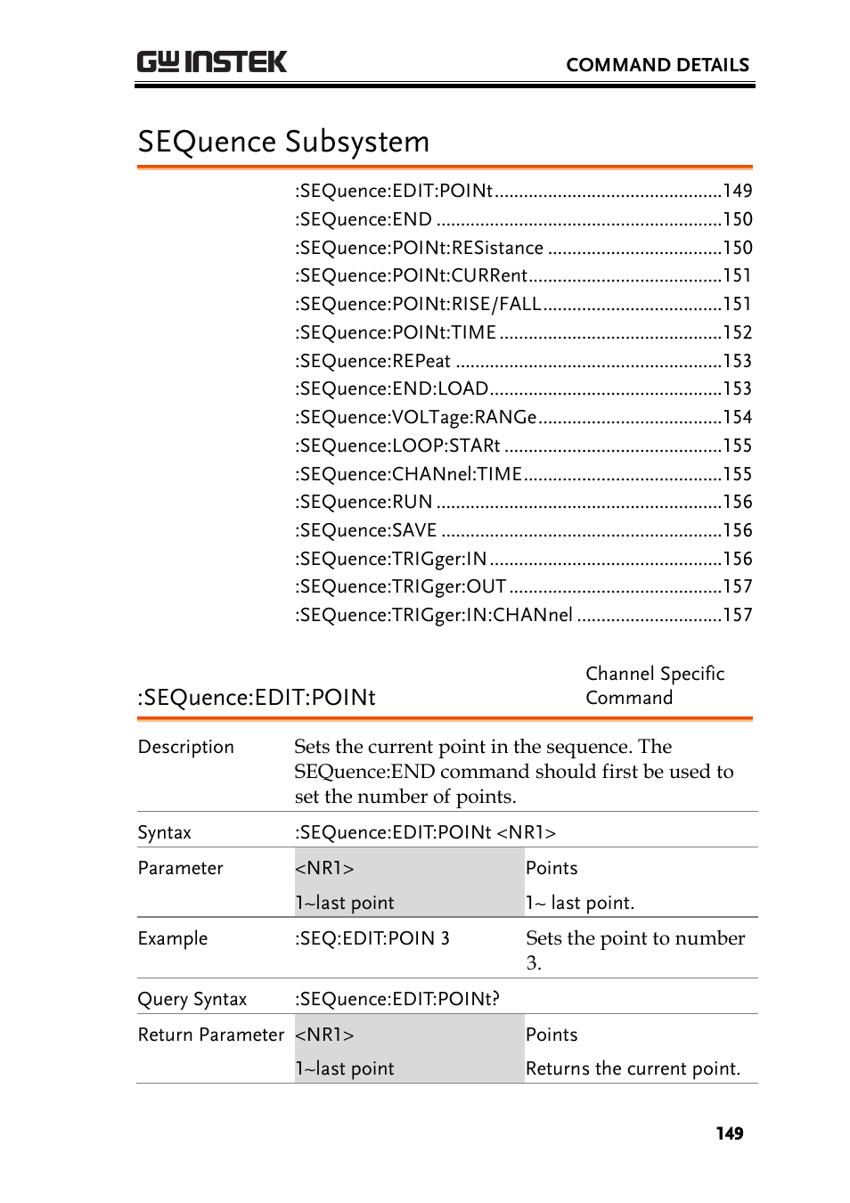 Sequence subsystem, Sequence:edit:point | GW Instek PEL-2000 Series Programming User Manual User Manual | Page 149 / 170