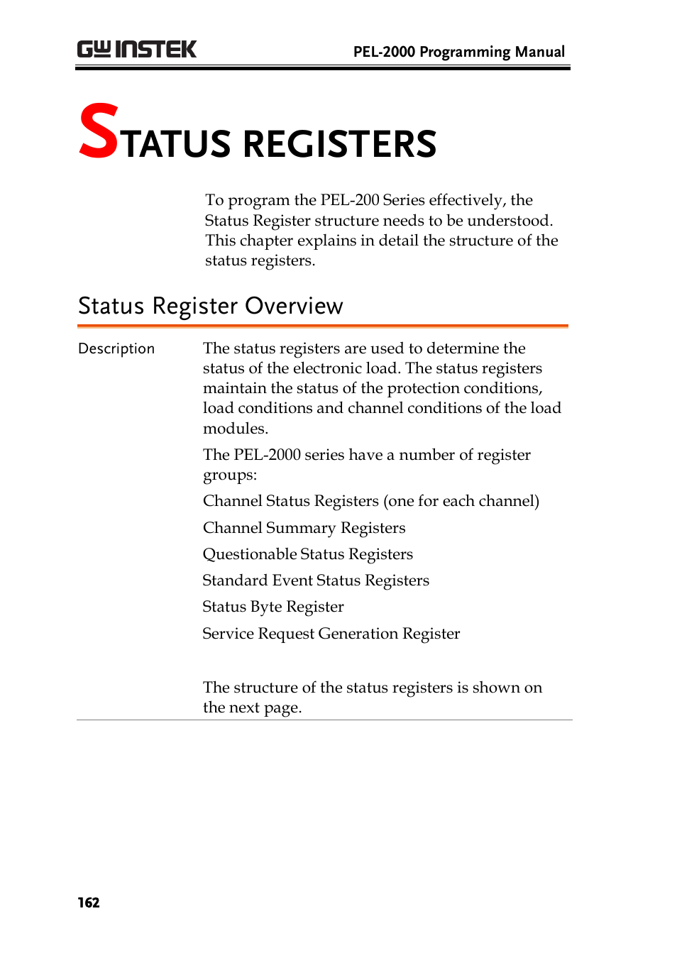 Status registers, Status register overview, Tatus registers | GW Instek PEL-2000 Series Programming User Manual User Manual | Page 162 / 170