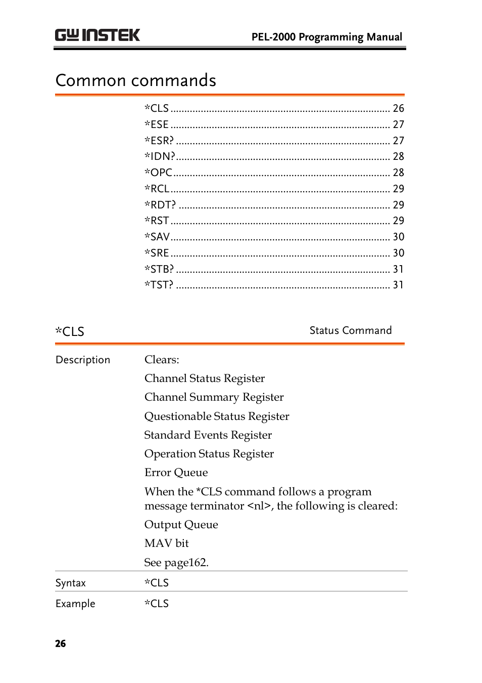 Common commands | GW Instek PEL-2000 Series Programming User Manual User Manual | Page 26 / 170